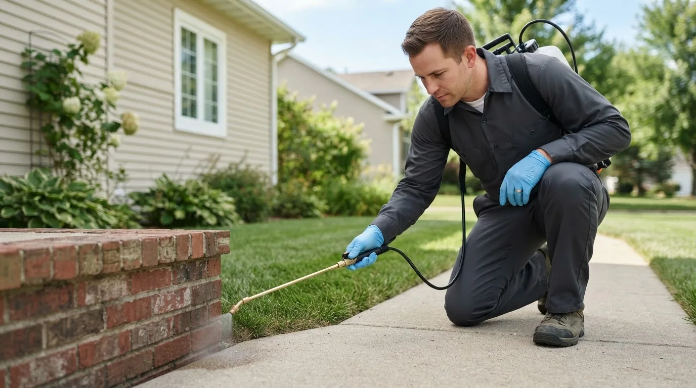 Pest control technician treating a home near Richeyville, PA